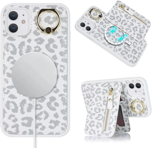 SJZG-Coque Für Iphone 11 Compatible Avec Magsafe Etui Für Iphone 11 Avec Porte Cartes Détachable Magnétique Fermeture Éclair Portefeuille Pour Femmes Et Hommes- Imprimé Léopard Blanc