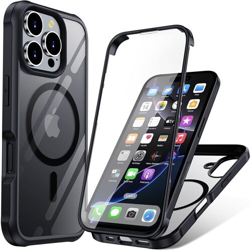 SJZG-Coque Protection Iphone 16 Pro Max 360 Degrés, Étui Apple Iphone 16 Pro Max Intégrale, Antichoc & Compatible Avec Magsafe Housse Avec D'Écran Verre Trempé Rigide Cover Case Transparent. Noir