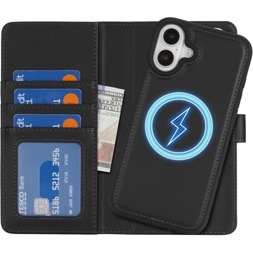 SJZG-For Coque Iphone 16 Plus Magsafe Compatible Coque Iphone 16 Plus Porte Carte Flip Étui Cuir Portefeuille À Rabat Homme Amovible - Noir