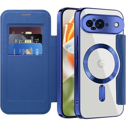 Sjzg-Étui Magnétique Pour Google Pixel 9 Compatible Avec Magsafe, [Rfid Blocage] Porte Carte Portefeuille Housse À Rabat En Cuir Transparente Coque Pour Google Pixel 9. Bleu Foncé Jdcx