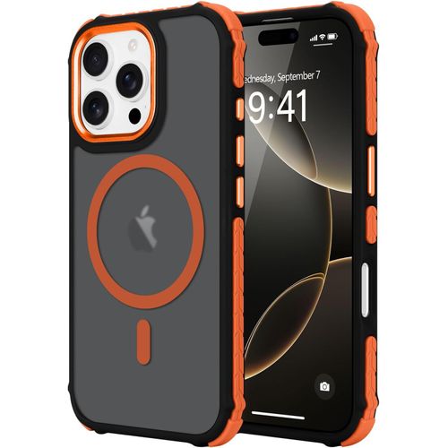 KALANKA-Coque Magn¿¿tique pour iPhone 16 Pro, Antichoc Airbag ¿¿paissi pour prot¿¿ger la Coque du t¿¿l¿¿phone Rigide ¿¿ l¡®arri¿¿re pour iPhone 16 Pro, Orange