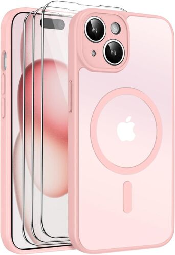 Coque Magnétique pour iPhone 15 6,1 Pouces, Étui Housse Arrière Translucide Givrée, avec 3 Verre Trempé et Outil d'Installation Facile, Compatible avec MagSafe - Rose Clair