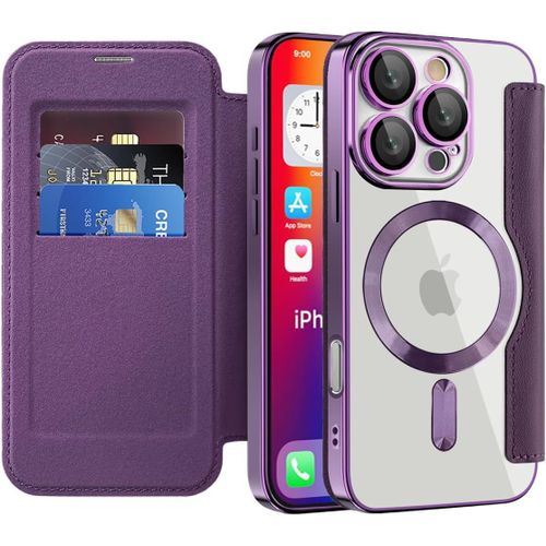 Sjzg-Coque Magnétique Pour Iphone 16 Pro Max Etui Compatible Avec Magsafe, Rfid Blocage, Dos Transparente Antichoc Flip Étui En Cuir Portefeuille Housse Case Pour Iphone 16 Pro Max, Violet Jd