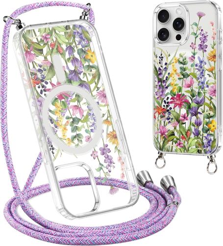 SJZG-Coque Avec Cordon Pour Iphone 15 Pro 6,1'', Aesthetic Fleur Motif Magnétique Transparente Pc Compatibilité Avec Magsafe Cover Avec Laniere Accroché Housse Antichoc Protection Case, Violet