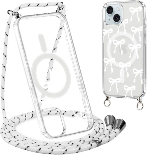 SJZG-Coque Avec Cordon Pour Iphone 15 6,1'', Aesthetic Noeud Motif Magnétique Transparente Pc Compatibilité Avec Magsafe Cover Avec Laniere Accroché Housse Antichoc Protection Case, Blanc Papillon