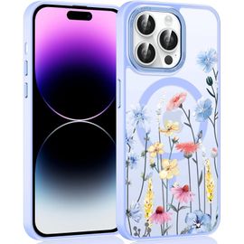 TRAHOO-Magnétique Coque pour iPhone 15 Pro 6,1"", Aesthetic Motif Fleur Filles Étui Compatible avec MagSafe, Translucide Mat Case Mince Silicone TPU + PC Rigide Antichoc Protection Housse, Bleu
