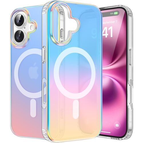 KALANKA-Coque Iris¿¿e pour iPhone 16, Compatible avec MagSafe, Magn¿¿tique ¿¿tui Dos Mate Translucide Fluorescente Color¿¿e L¿¿g¿¿re Antichoc Paillettes Housse pour Femmes et Filles, Iridescente