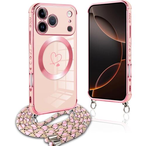TRAHOO-Coque Magnétique pour iPhone 17 Pro Con Cordon, Compatible avec MagSafe, Silicone Housse avec Motif Coeur d'amour Réglable Collier Lanyard, Antichoc Etui pour iPhone 17 Pro 6.3"", Chaine-Rose