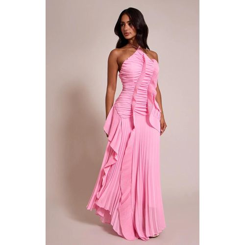 Petite Robe Rose Longue À Col Halterneck, Plissée Et À Détails Volants., Rose