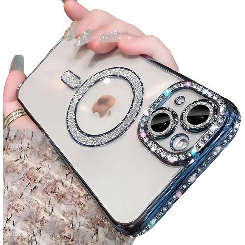 Sjzg-Coque À Paillettes Iphone 16 Pro Max Compatible Avec Magsafe Étui Transparente Diamant Glitter Housse Souple Et Fine Magnétique Brillant Cover Anti-Rayures Camera Protection Case, Bleu