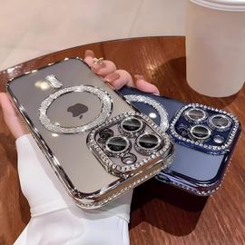 Coque Iphone 15 Pro Max Magnétique Transparente Coque À Paillettes Diamant Glitter Housse [Compatible Avec Magsafe] Souple Tpu Anti-Rayures Et Antichoc Camera Protection Case, Brillant Rose