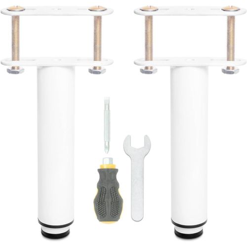 Pied de Lit Universel,Pieds pour Sommier à Lattes sans Perçage - Hauteur: 18cm(+15cm) Reglable - Design: Blanc - Matériel: Metallique - Ronde ø3.8cm - pour le Cadre Central - avec Boulons - Lot de 2