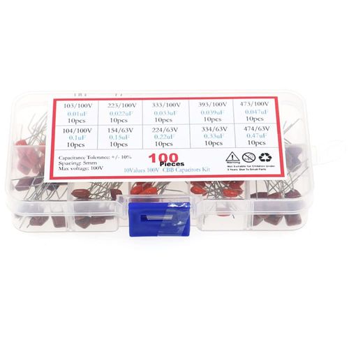 Assortiment de condensateurs à film polyester métallisé 10nF à 470nF, 10nF, 22nF, 33nF, 39nF, 47nF, 100nF, 150nF, 220nF, 330nF, 470nF, 100 pièces