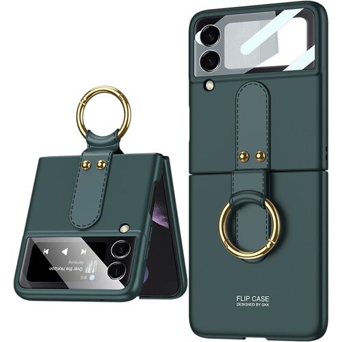 Étui pour Galaxy Z Flip 3 5G, de téléphone Tout Compris avec Support vidéo à Anneau, de téléphone Pliable pour Samsung Galaxy Z Flip 3 5G(avec bandoulière)-Vert