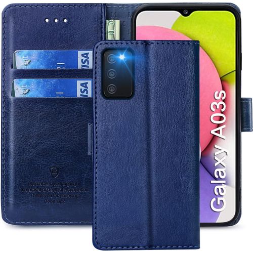 Coque Pour Samsung Galaxy A03s, Étuis À Rabat Samsung Galaxy A03s,Premium Pu Etui Housse En Cuir Portefeuille De Protection Magnétique Pour Samsung Galaxy A03s,Bleu