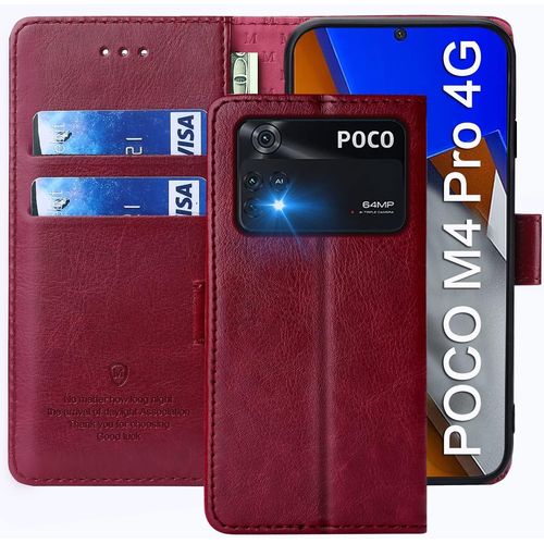 Coque Pour Xiaomi Poco M4 Pro 4g - Étui À Rabat En Cuir Pu Premium, Portefeuille De Protection Magnétique, Rouge
