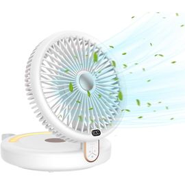 Ventilateur de Table, 120° D'oscillation Automatique, Eclairage LED, Ventilateur à 6 Vitesses, Ventilateur Silencieux Pliable, Convient à la Maison, au Bureau, à la Chambre à Coucher .Blanc
