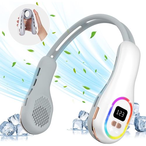 Ventilateur portable pour le cou avec éclairage d'ambiance RGB LED, Ventilateur USB pour le cou Ventilateur manuel 4000mAh Silencieux Mini Neck Bladeless Fan pour les voyages, le sport