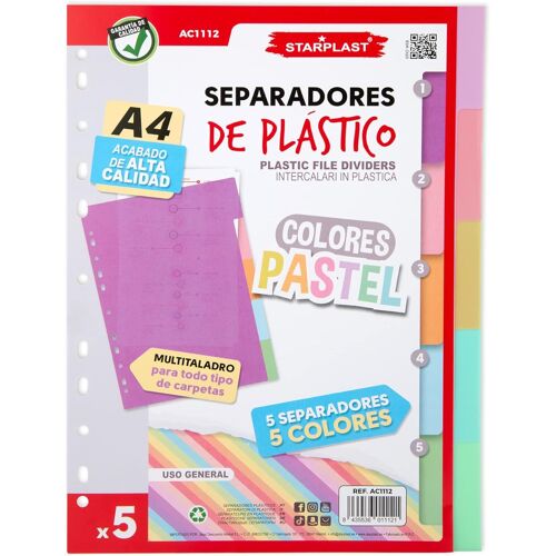 Lot De 5 S¿¿Parateurs De Couleurs Pastel, Pour Classeurs Avec 2 Ou 4 Anneaux, Organisateurs, Cat¿¿Gories, Pour Usage Scolaire Ou De Bureau.