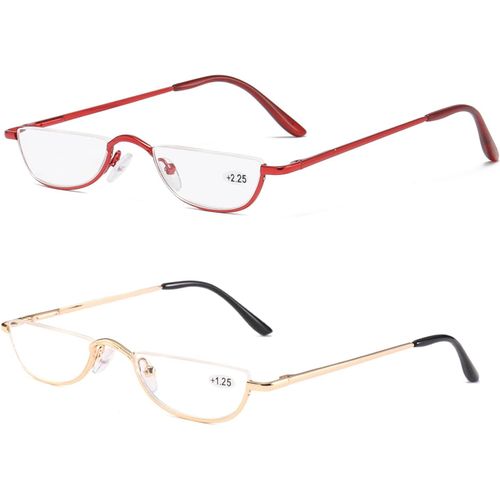 2 Paires Lunettes De Vue Lecture Demi Lune,Lunette Pour Lire Mince Demi-Monture En Métal, Printemps Charnières Lunette Femme Et Homme(Rouge, Or)+2.5 