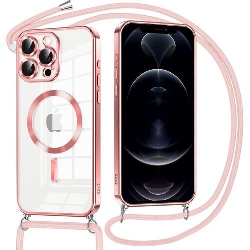 SJZG-Coque Magnétique Pour Iphone 12 Pro 6.1"" Avec Cordon, Transparent Housse Étui Compatible Avec Magsafe Case Avec Collier Lanyard Ultra Mince Souple Tpu Silicone Camera Antichoc,Rosa