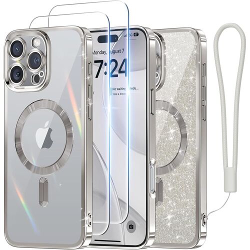 SJZG-Coque Pour Iphone 16 Pro Max,[Compatible Avec Magsafe][2X Protection Écran][Papier Cartonné Brillant & Bracelets] Protection Complète De La Caméra Pour 6.9 Pouces, Gris Argenté