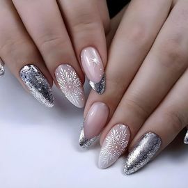 24 Pcs Noël Faux Ongles Paillettes Scintillantes Flocons De Neige Longs Ongles À Tête Ronde Pressés Sur Faux Ongles (A) 