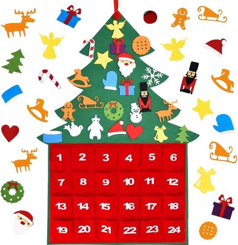 Calendrier de l'Avent à Remplir,Arbre de Noël en Feutre Enfants,Calendrier de l'Avent avec 24 Ornements Détachables Cadeaux de Noël pour Enfants