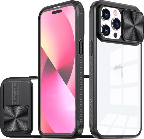Coque Transparente pour iphone 14 Pro Max Case avec Lentille Coulissante Caméra Protection Étui, Antichoc Silicone TPU + PC Dur Housse pour iphone 14 Pro Max(Noir)