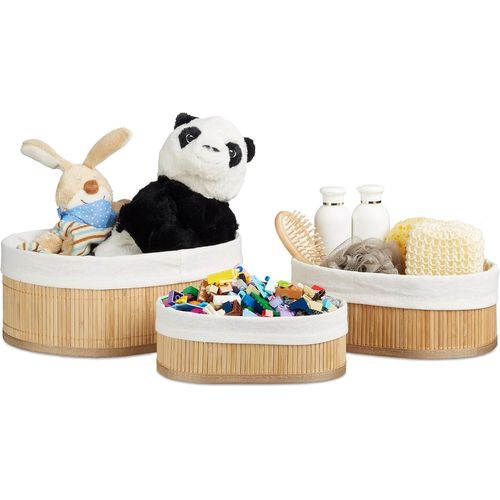Boîte De Rangement En Bambou Lot De 3 Paniers Ovales Hxlxp 12,5 X 32 X 22 Cm Pour Étagère Et Armoire, Nature