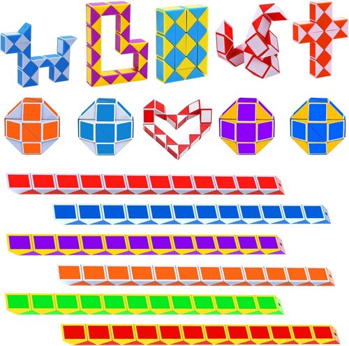 Lot de 12 cubes magiques en forme de serpent pour enfants - 24 blocs - Jouets de puzzle en plastique pour fournitures de fête - Couleur aléatoire