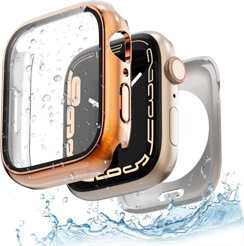 Coque Étanche Pour Apple Watch 45mm 41mm Series 8/7 Avec Protecteur D'écran En Verre Trempé, Case Pc 2 En 1 + Pare-Chocs Arrière, Coque De Protection Complète Pour (41mm Or Rose Brillant)