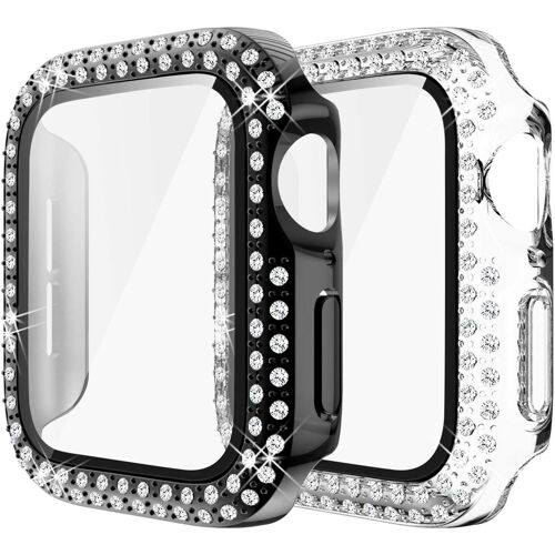 (2 Pièces) Compatible Pour Apple Watch Boîtier 44mm Pour Se Series 6 5 4 Boîtier Avec Protecteur D'écran En Verre Trempé, Diamants De Couverture Bling Pour Iwatch (44mm Transparent/Noir