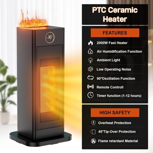 Chauffage d'appoint 2000W avec Humidificateur d'air, Chauffage Electrique Soufflant avec thermostat, Oscillant 90°, Minuterie 1-12H, silencieux, ECO Radiateur Electrique Céramique PTC