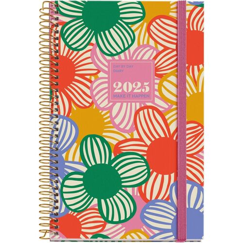 Agenda Annuel 2025, 117 X 182 Mm, 1 Jour Par Page, Couverture Carton Doublé Plastifié, Spirale, Fermeture Élastique, Papier 80 G/M², Espagnol, Anglais Et Portugais, Flowery