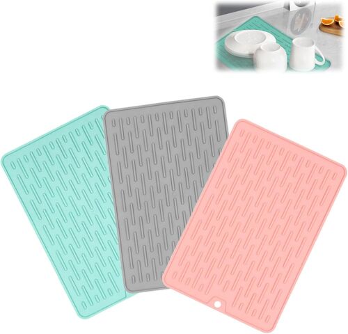 Kalanka-Tapis Egouttoir Vaisselle, Tapis De Séchage Vaisselle, Tapis Égouttoir En Silicone, Tapis D'égouttage, Tapis De Séchage De Cuisine, Pour Un Séchage Rapide, 3 Pièces, Bleu + Gris + Rose, 20x30