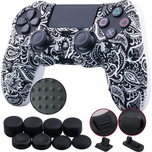 1 Morceau De Silicones Clouté Transfert D'eau Protecteur Manche Cas Couverture Peau Cover Skin + 8 Thumb Grip + 2 Étanche À La Poussière Bouchons Pour Manette Ps4/Slim/Pro, Feuilles Noires
