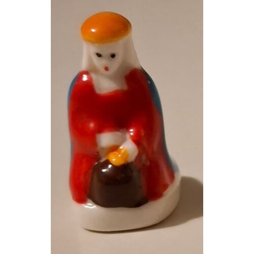Fève - Femme À Genoux, Robe Rouge, Cape Bleue