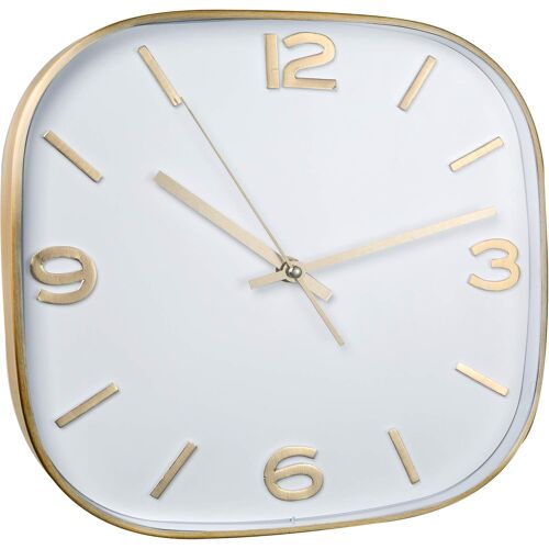 Montre Murale en PVC Carré Style Moderne Blanc avec Chiffres Or, Horologe Murale Silencieux de Cuisine, de Chambre, de Salon et de Bureau, 28,5x28,5 cm