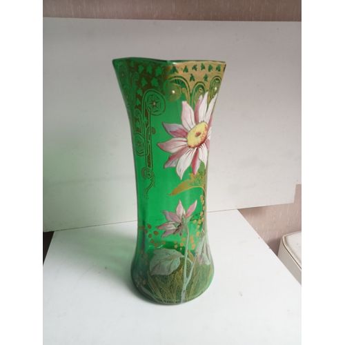 vase legras 1900 émaillé vert hauteur 28 cm diamètre 11 cm décor fleural