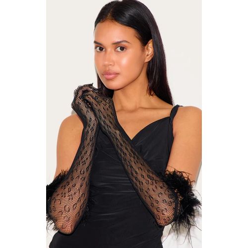 Gants En Résille Noirs Effet Léopard À Plumes, Noir