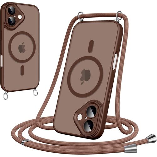 Kalanka-Coque Magnétique Pour Iphone 17 Avec Cordon 6.3"",[Compatible Avec Magsafe] Etui Translucide Mat Arrière Antichoc Réglable Portable Lanyard Case Protection, Brun