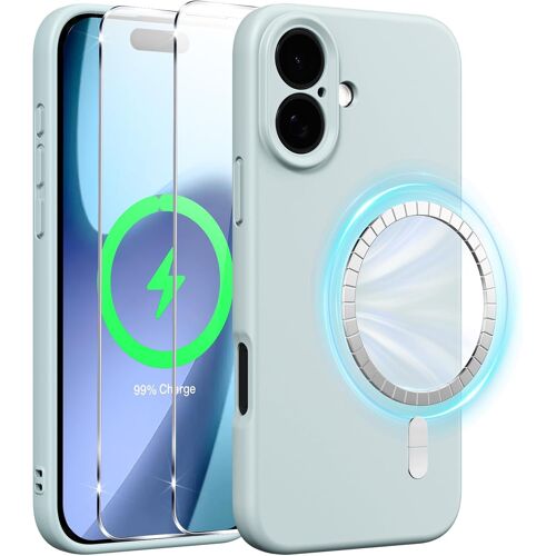 KALANKA-Coque Magn¿¿tique en Silicone pour iPhone 17 6,3 Pouces avec 2 Verre Tremp¿¿, Compatible avec MagSafe Aimants Int¿¿gr¿¿s, ¿¿tui Housse Antichoc Anti-Rayures Case pour iPhone 17, Bleu