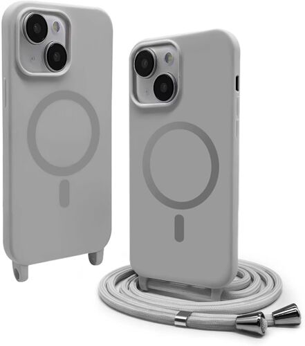 TRAHOO-Silicone Coque Magnétique pour iPhone 14 Plus avec Cordon,Compatible avec MagSafe,Étui Housse Silicone avec Portable Lanyard Réglable, Gris