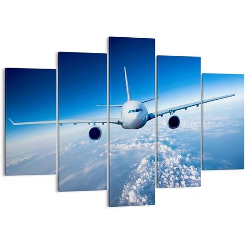 Moderne Impression sur Toile Image Tableau Decoration Murale Avion ciel nuages vol Tableaux Decoratifs Muraux Chambre Triptyque 5 parties Deco Cadre Décoration 50 x 25 cm. (sans cadre)