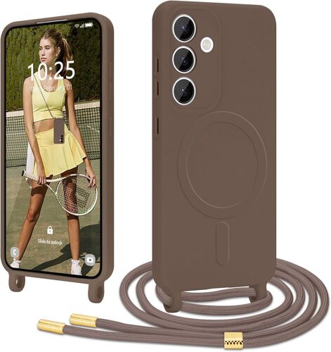 LORANKA-Coque Magnétique pour Samsung Galaxy S24 avec Cordon de Collier Réglable Housse de Protection Compatible avec MagSafe en Silicone TPU Etui Case Ultra Fine pour Samsung Galaxy S24 Marron