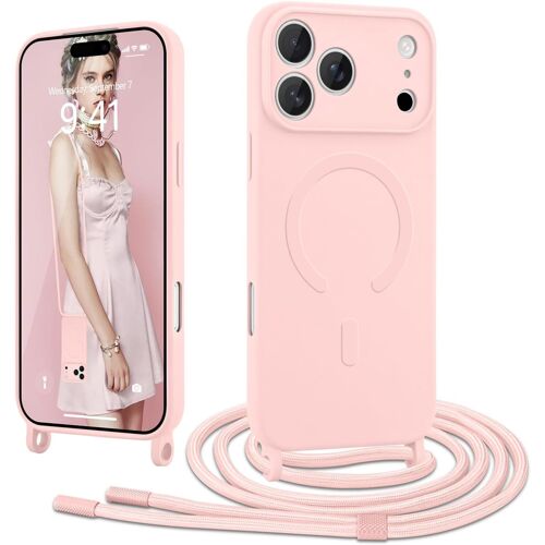 KALANKA-Coque Magnétique pour iPhone 17 Pro Max avec Cordon de Collier Réglable Housse de Protection Compatible avec MagSafe en Silicone TPU Etui Case Ultra Fine pour iPhone 17 Pro Max Rose