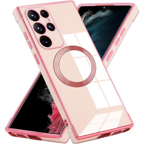 SJZG-Antichoc Coque Pour Samsung Galaxy S21 Ultra 5G,Housse Étui En Brillant Silicone Galvanisé Compatible Avec Magsafe,Protection Renforcée Aux 4 Coins,Femmes Tpu Case Cover,Rose