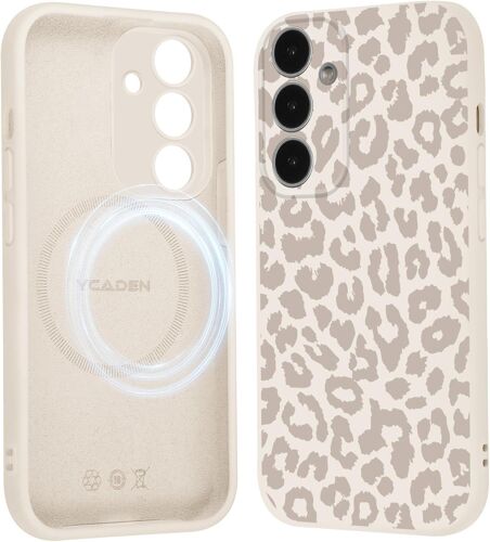 JGD-Coque Magnétique pour Samsung Galaxy S25 5G 6,2"", Compatible avec MagSafe, Aesthetic Léopard Motif Etui Dessin Fille Case, Souple Silicone Liquide TPU Antichoc Housse pour Samsung S25, Beige