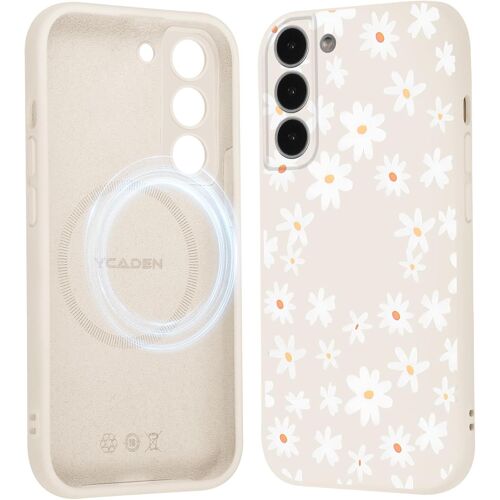 SJZG-Coque Magnétique Pour Samsung Galaxy S22 5G 6,1"", Compatible Avec Magsafe, Aesthetic Fleurs Motif Etui Dessin Fille Case, Souple Silicone Liquide Tpu Antichoc Housse Pour Samsung S22, Beige